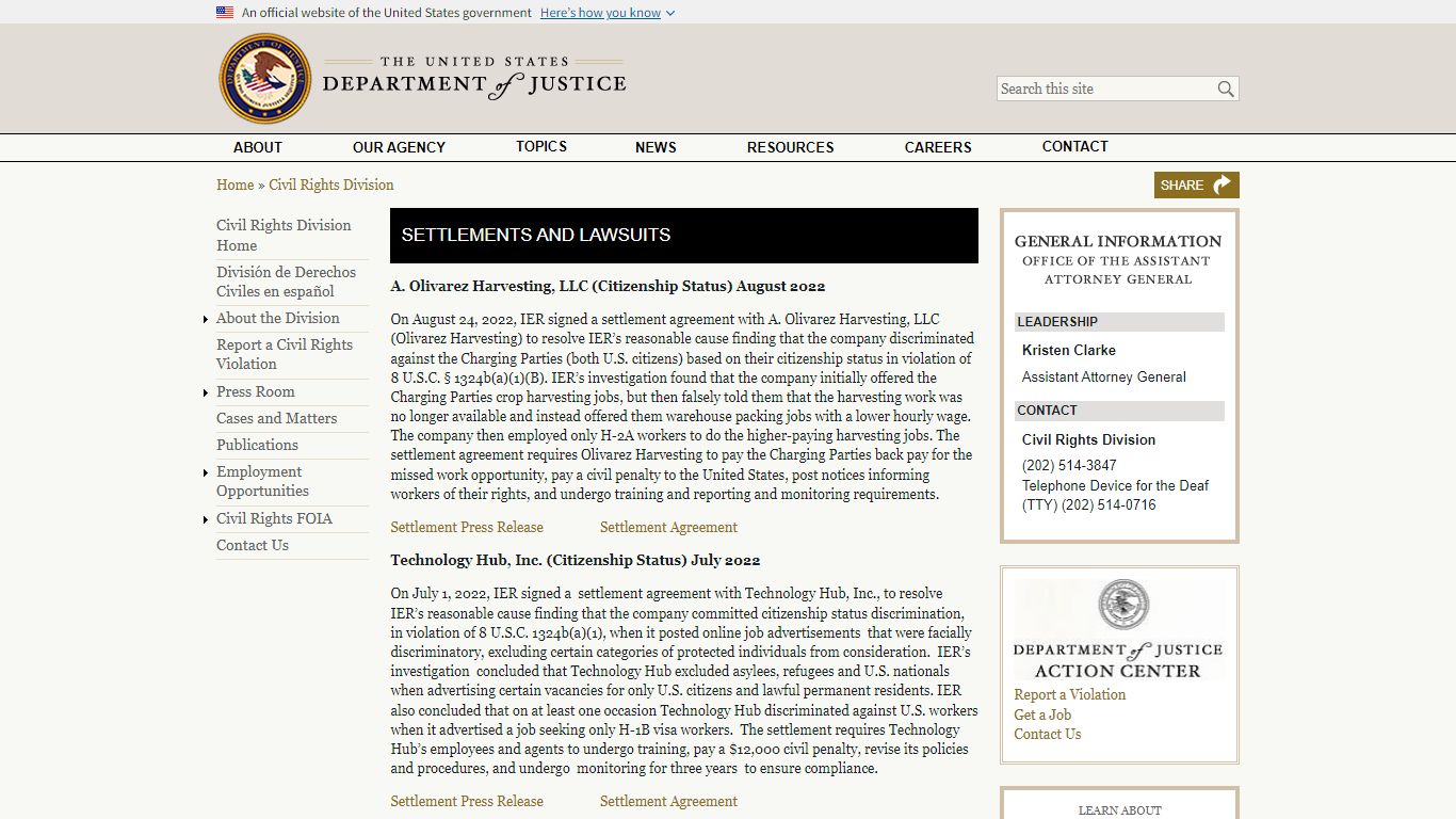 Settlements and Lawsuits - United States Department of Justice